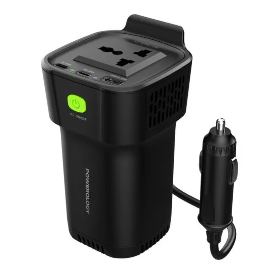 Powerology 150W Inverter Ac Universal Usb A 2Type-C Dc Car - Black